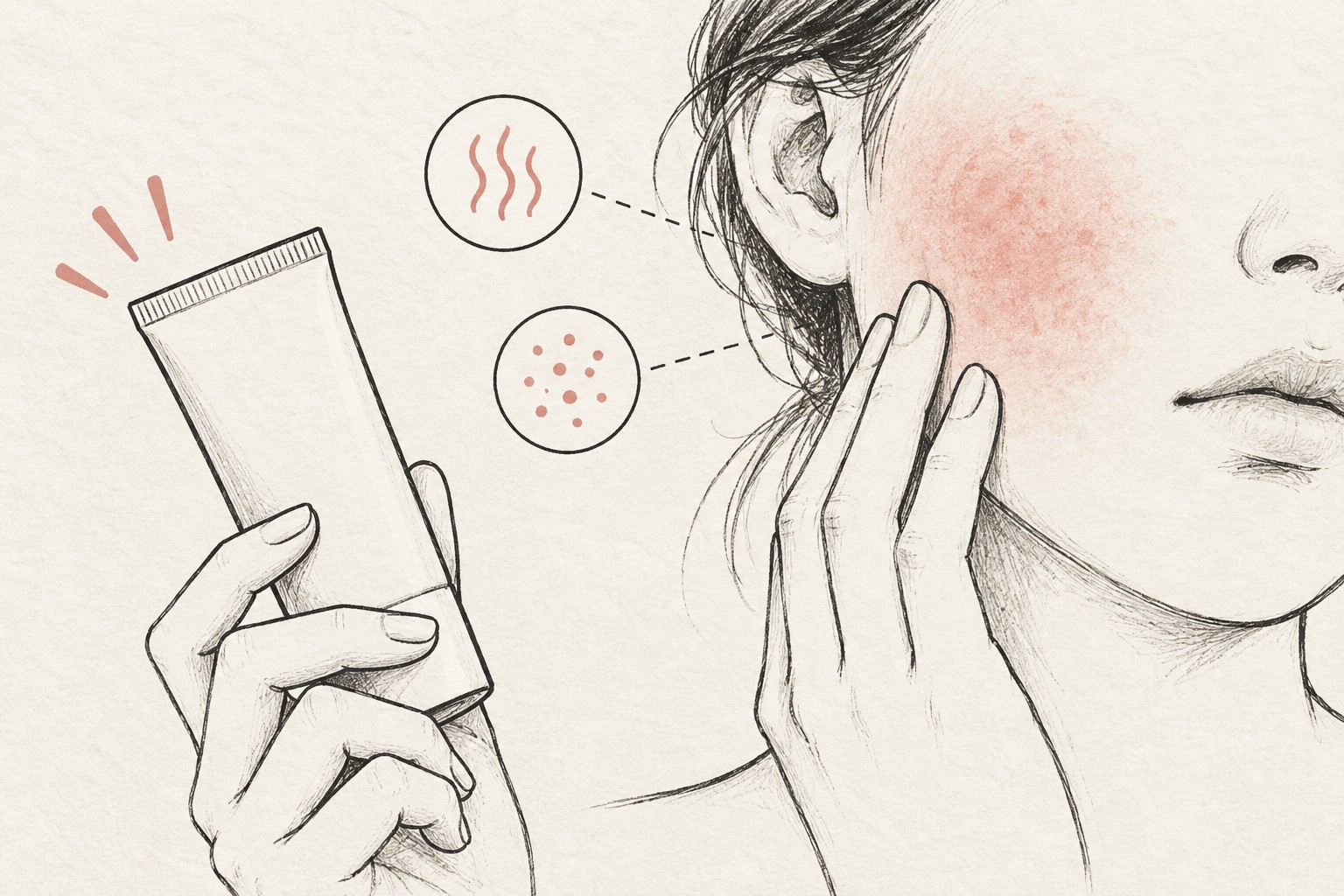 새 화장품 사용 뒤 볼이 붉고 따가운 상황을 화장품 튜브와 얼굴 피부 변화로 나타낸 교육용 그림